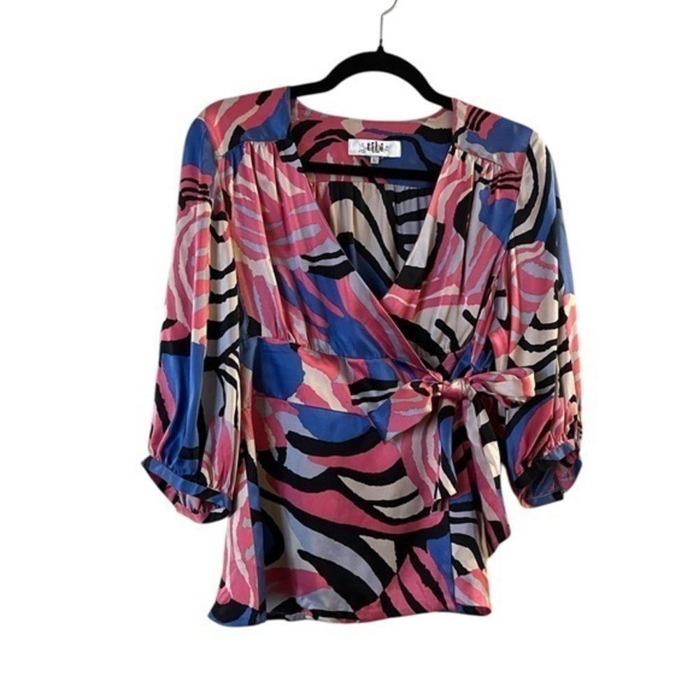 TIBI 100% Silk 3/4 Sleeve Wrap Top, Pink Blue Black & Gray, EUC, L